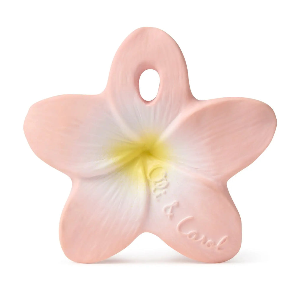White background with Bella The Flower teether by Oli & Carol. Teether is shaped like a flower, and is light pink with white and yellow in the center.