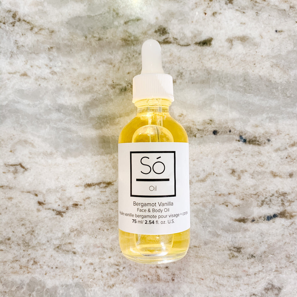 Overhead view of the Oils in Bergamot Vanilla by So Luxury Bath and Body Inc. on a marble counter.