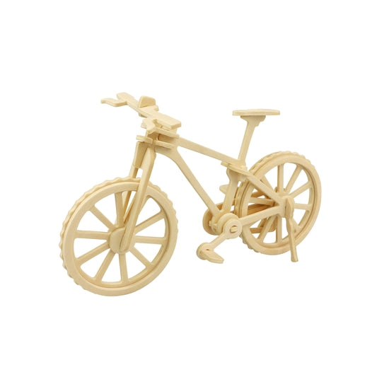 White background with a built 3D Wooden Puzzle of a Bicycle by Hands Craft.