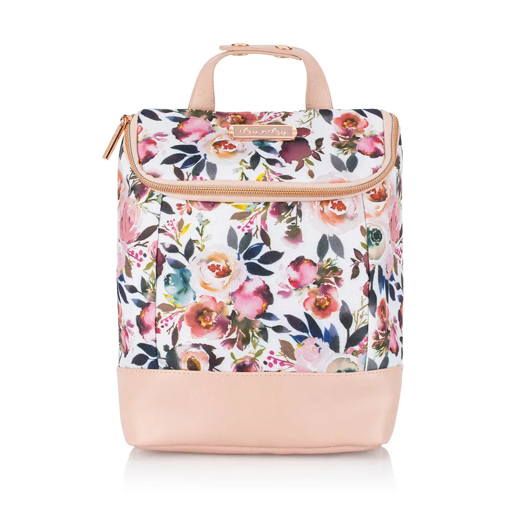 White background with Chill Like A Boss™ Bottle Bag in Blush Floral by Itzy Ritzy. Bag is blush & blue floral, with rose gold zipper & a rose gold tag that says "itzy ritzy".