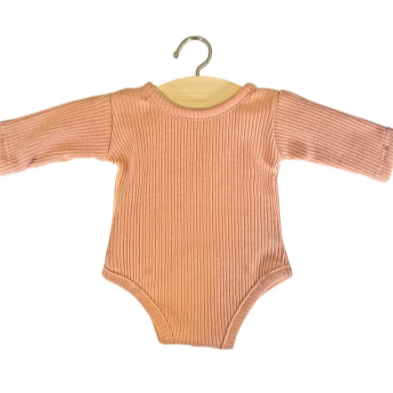 White background with Ribbed Knit Body Suit Doll Clothes by Minikane. This is a long sleeve bodysuit in a brown/peach ribbed.