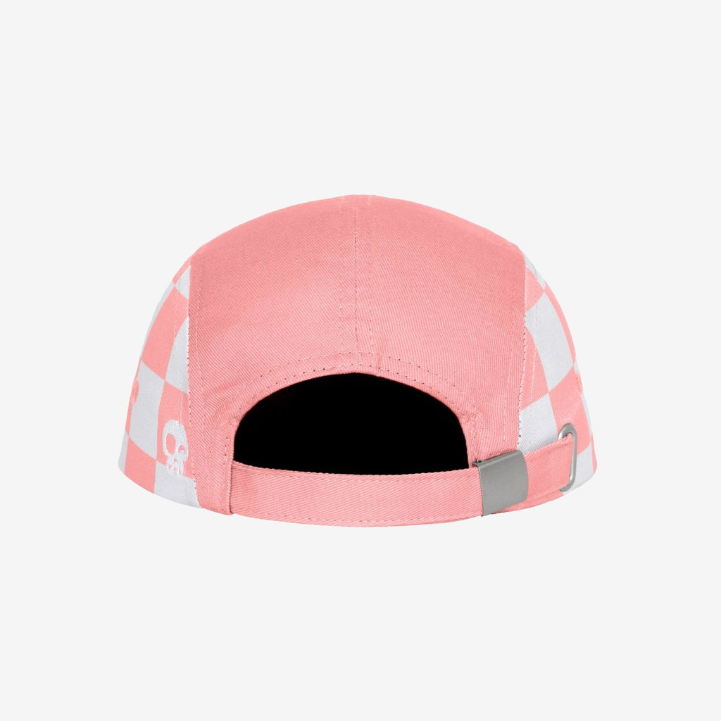 Check Yourself Five Panel Peaches Hat by Headster white background and surface. 