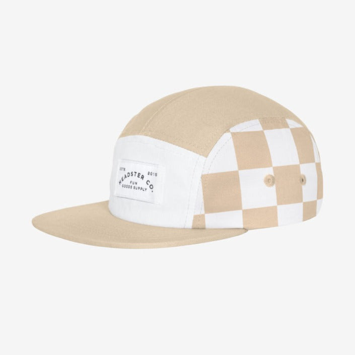 Check Yourself Five Panel Seashore Hat by Headster, on a white surface and background.