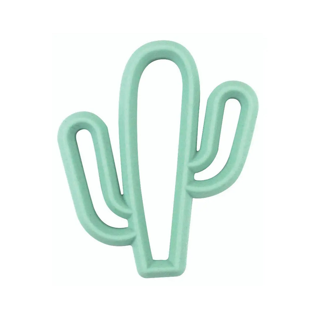 White background with Chew Crew Silicone Baby Teether in Cactus by Itzy Ritzy. This teether is a pale green and shaped like a cactus.