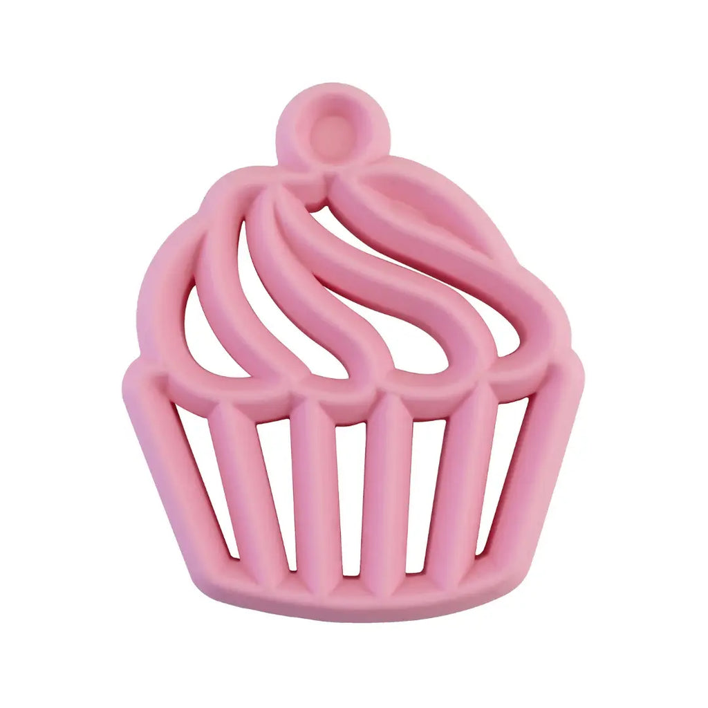 White background with Chew Crew Silicone Baby Teethers in Cupcake by Itzy Ritzy. This teether is baby pink, and looks like a cupcake.
