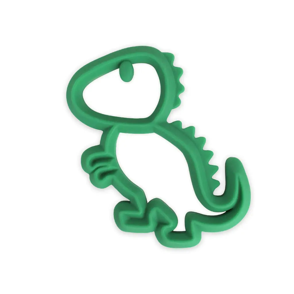 White background with Chew Crew Silicone Baby Teether in Dinosaur by Itzy Ritzy. Teether is an emerald green and looks like a t-rex.