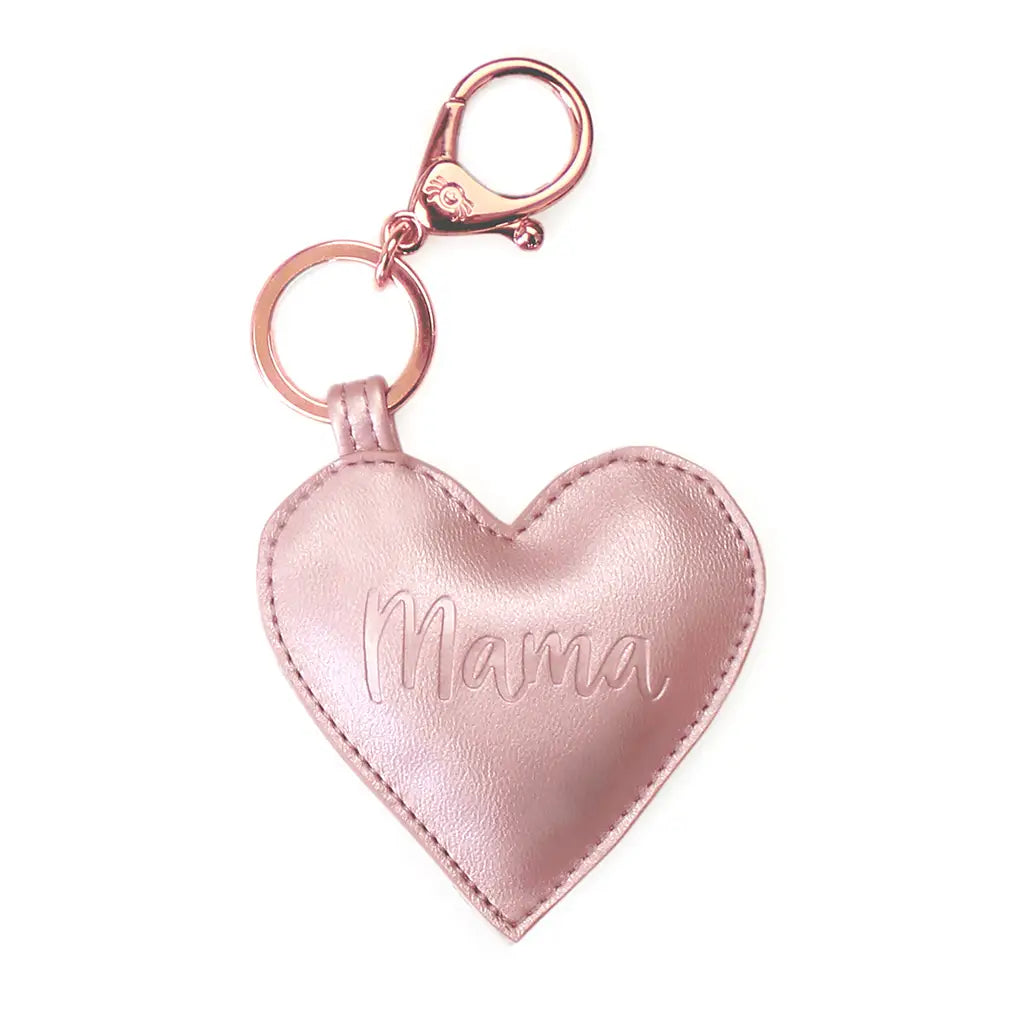 White background with Mama Heart Keychain by Itzy RItzy. Keychain is a rose golkd colour, and the heart is also rose gold and says "Mama".