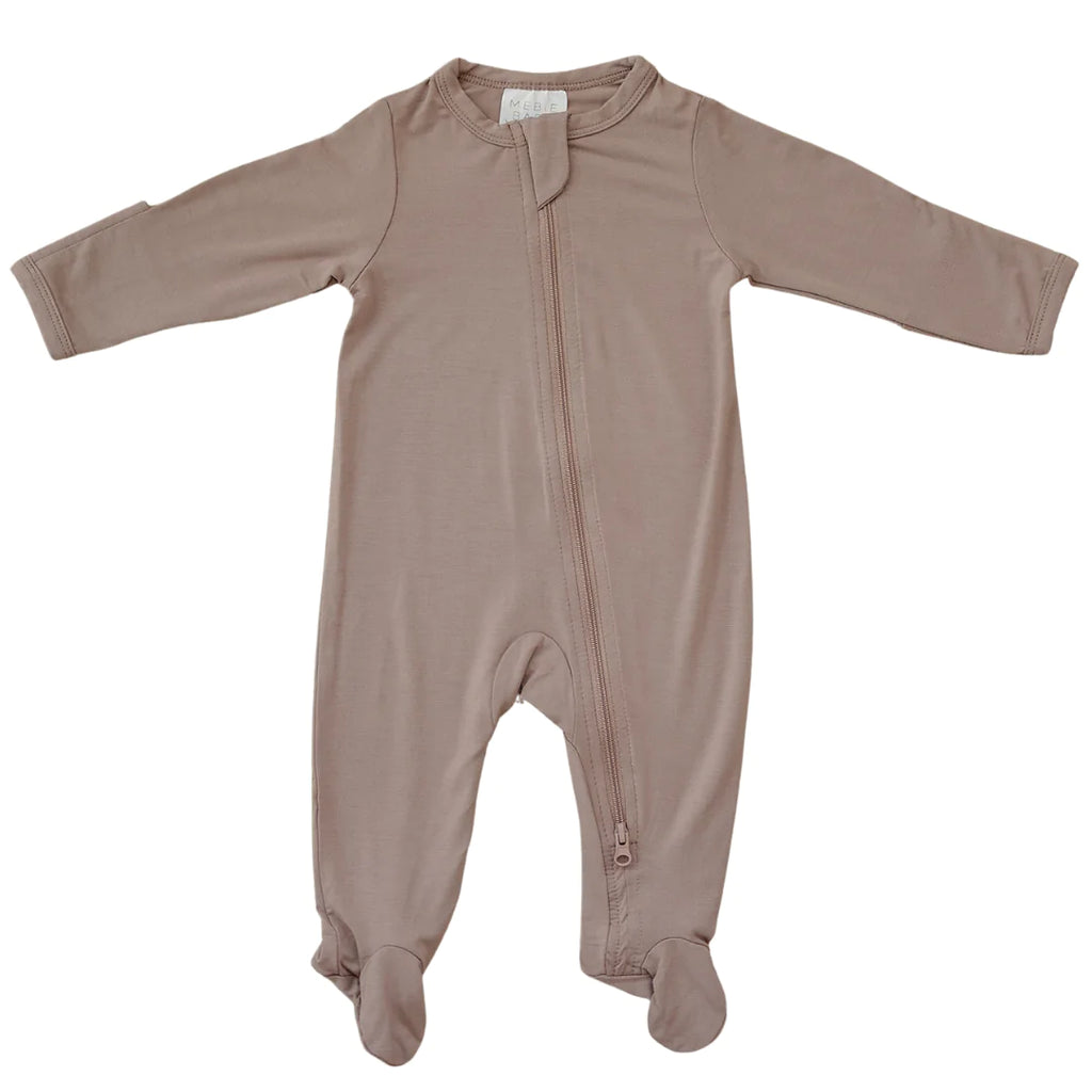 White background with Dusty Rose Bamboo Zipper One-Piece by Mebie Baby. Bamboo sleeper with a 2 way zipper, and footies, in a soft dusty rose colour.