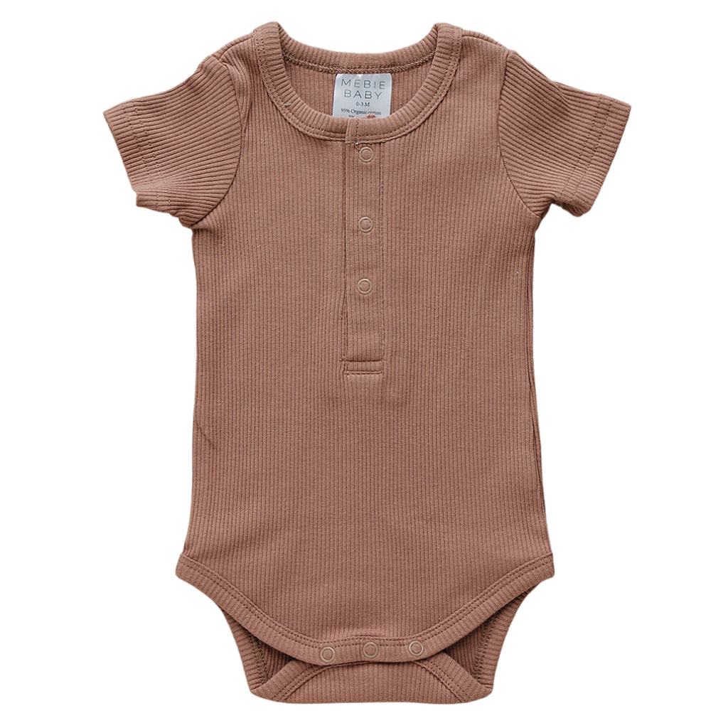 Dusty Rose Mebie Baby bodysuit with a white background.