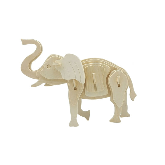 White background with a built 3D Wooden Puzzle of an Elephant by Hands Craft.