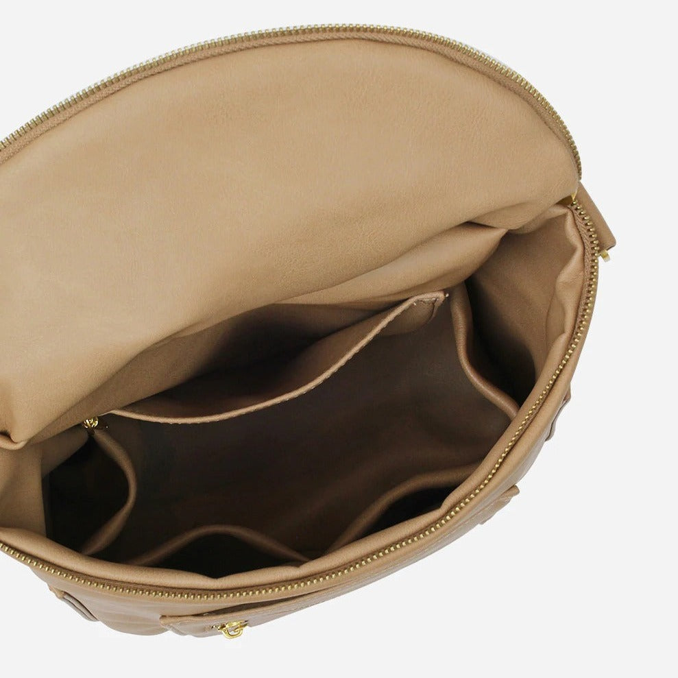 White background with overhead view of Mini Bag in Birch by Fawn Design. Colour is a cool toned beige, showing the inner pockets.