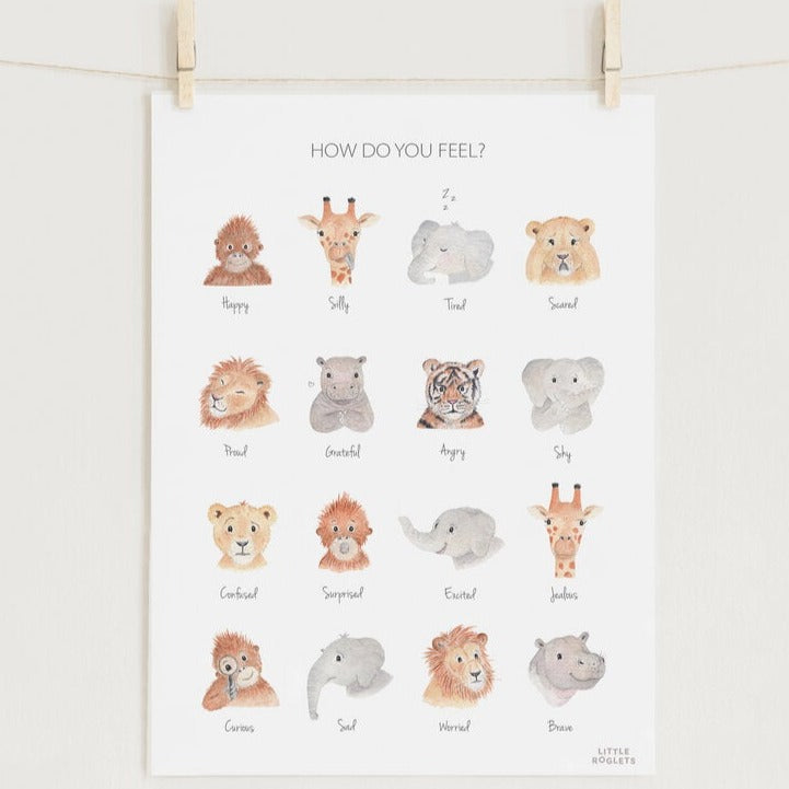 White wall with a string and clothes pins hanging a Feelings Fine Art Print by Little Roglets. Print is white and says "How do you feel?" on the top, with 4 animals in each row expressing different feelings. Example: 1st one is a smiling monkey and underneath it says "Happy".