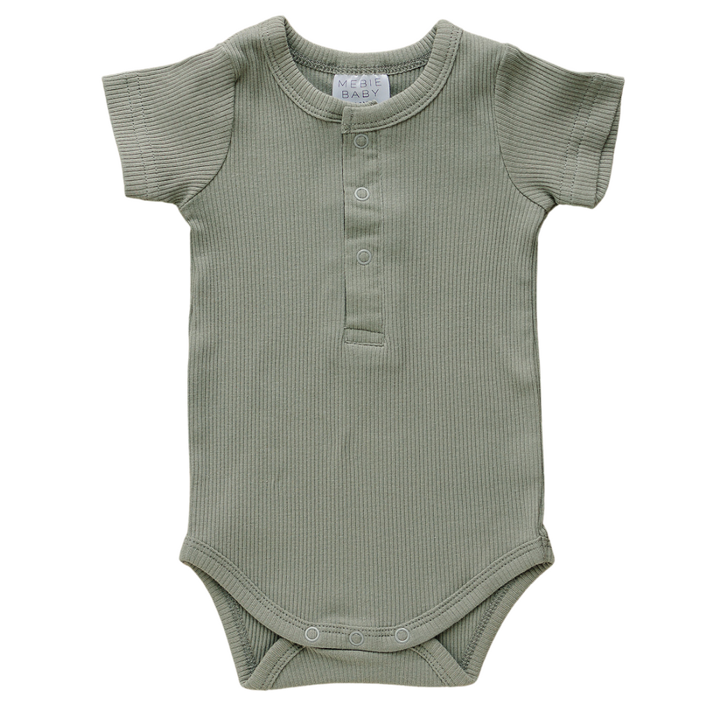 Green bodysuit by Mebie Baby with a white background. 