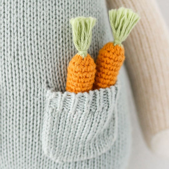 Close up of pocket detail with 2 orange carrots in them on Henry The Bunny by Cuddle and Kind