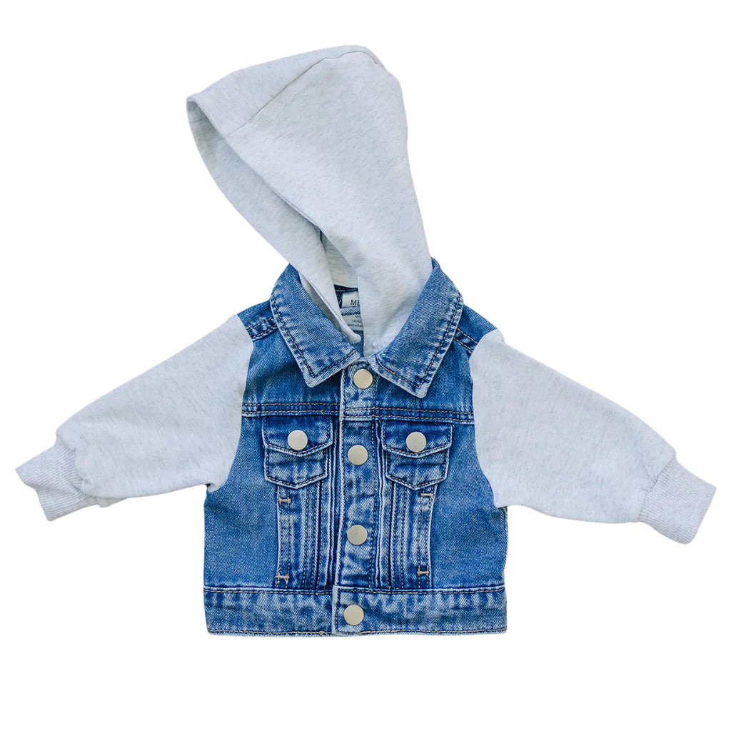 White background with Mebie Baby Hooded Jean Jacket by Mebie Baby. This jean jacket features a denim core, with grey sweatshirt hood and sleeves.