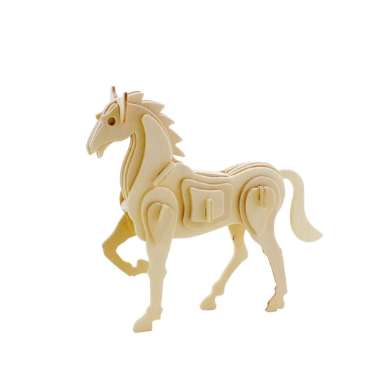 White background with a built 3D Wooden Puzzle of a Horse by Hands Craft.