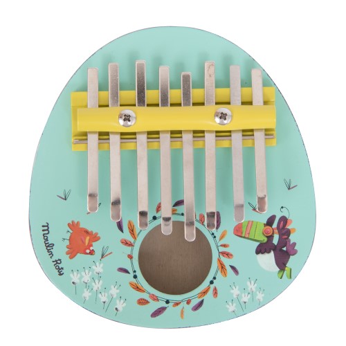 White background with La Kalimba - In The Jungle by Moulin Roty. La Kalimba is blue painted wood, with metal tongs on the top.