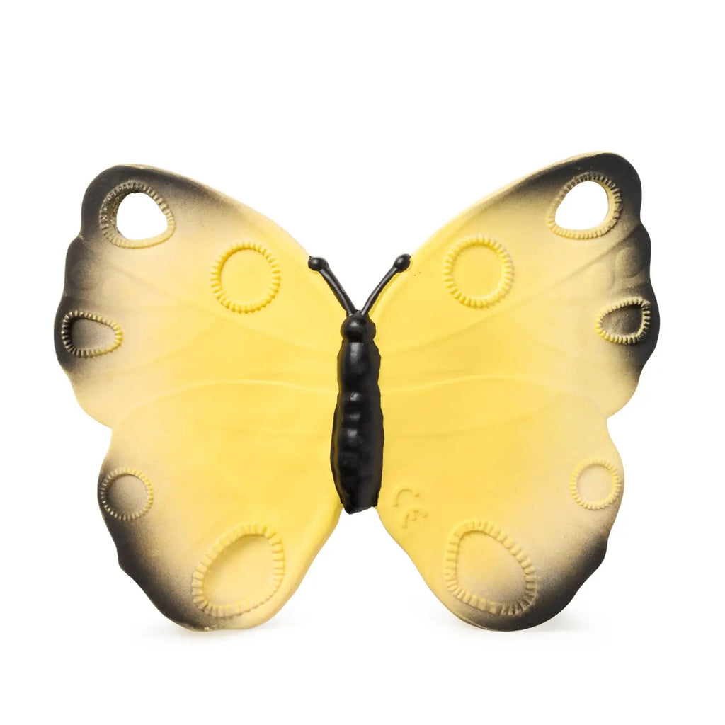 White background with Katia The Butterfly by Oli & Carol. Butterfly has a black body, with yellow ombre wings.