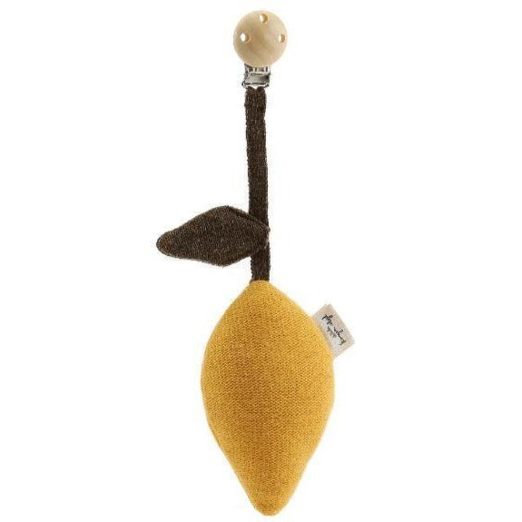 White background with Lemon Pram Toy by Konges Slojd. Toy has a clip for you to attach to stroller, then a fabric lemon hanging.