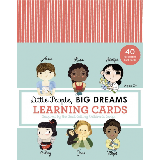 White background with the box for Little People, Big Dreams Learning Cards by Microcosm Publishing, Box is blue, with red & white stripes along the top and has drawings of different influential females from history.