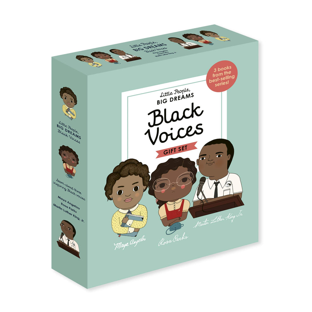 White background with a blue Little People, Big Dreams: Black Voices Gift Set.