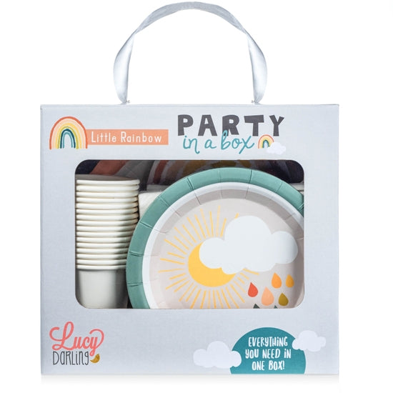 White background with Little Rainbow Party in a Box by Lucy Darling, showing the box it comes in.