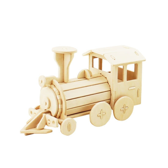White background with a built 3D Wooden Puzzle of a Train by Hands Craft.