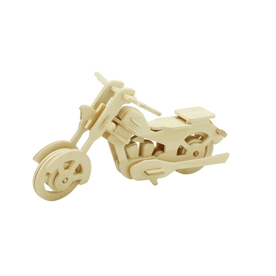 White background with a built 3D Wooden Puzzle of a Motorcycle by Hands Craft.