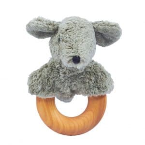 White background with the Animal Rattle in Mouse by Senger Naturwelt. Rattle has a circular wooden handle, with a stuffed grey mouse head attached.