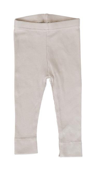 White background with Organic Leggings in Oatmeal by Mebie Baby. Leggings are a pale grey/beige colour, and are ribbed.