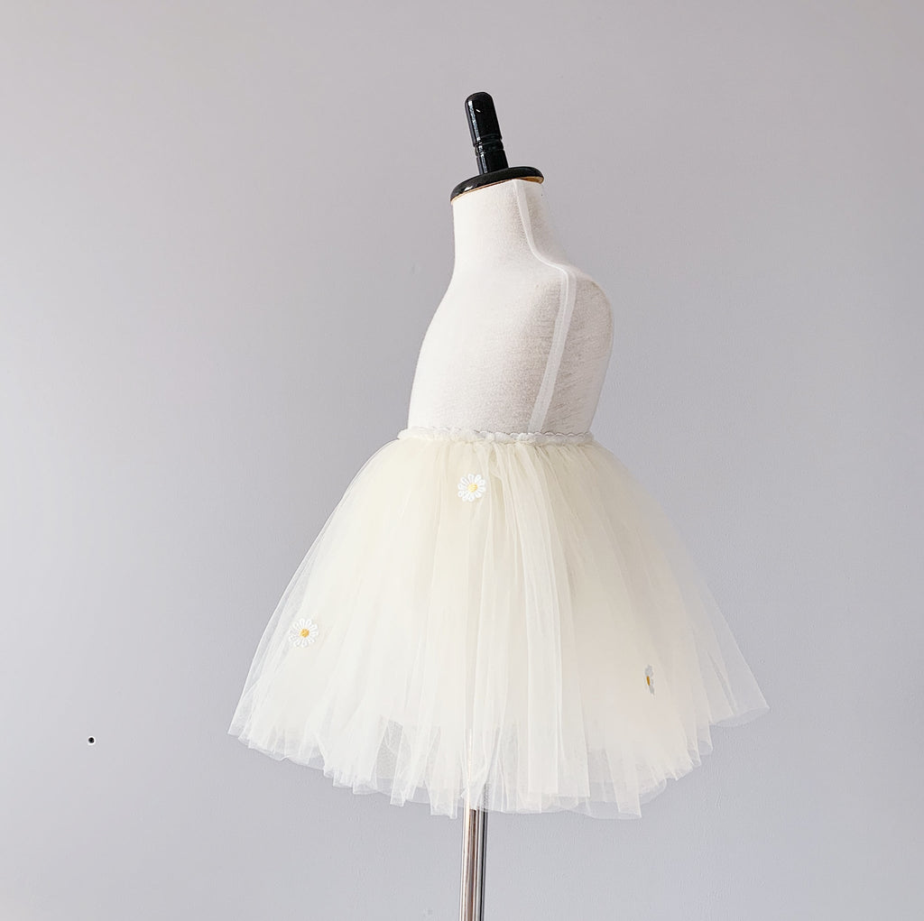 Cream Olivia Tutu with small white embroidered daisies with yellow centers by Bluish