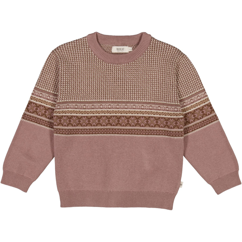 Jacquard Pullover Elias Powder Brown Youth by Wheat Kids Clothing with a white background. 
