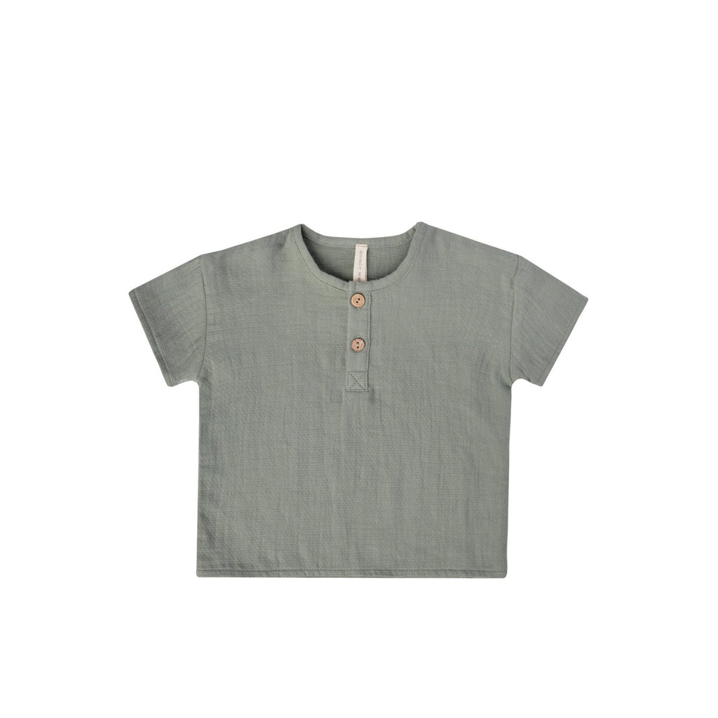 Henry Top in Sea Green by Quincy Mae. White background. 