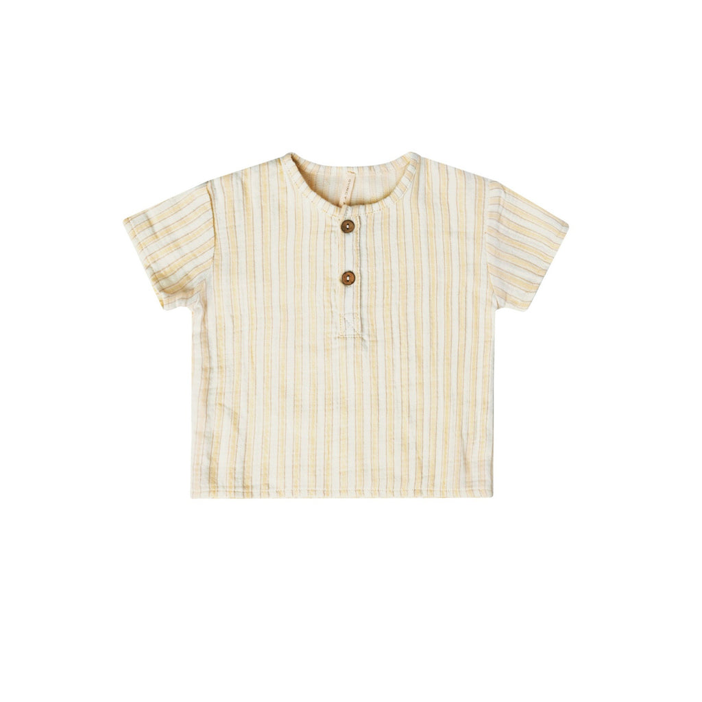 Henry Top in Latte Stripe by Quincy Mae. White background. 