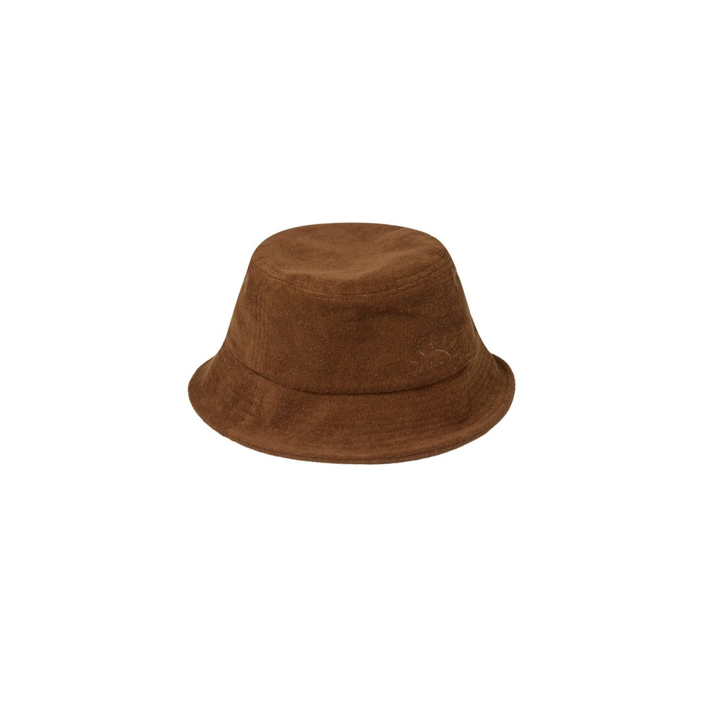 Wide brim bucket hat in chocolate by Rylee and Cru. White background. 