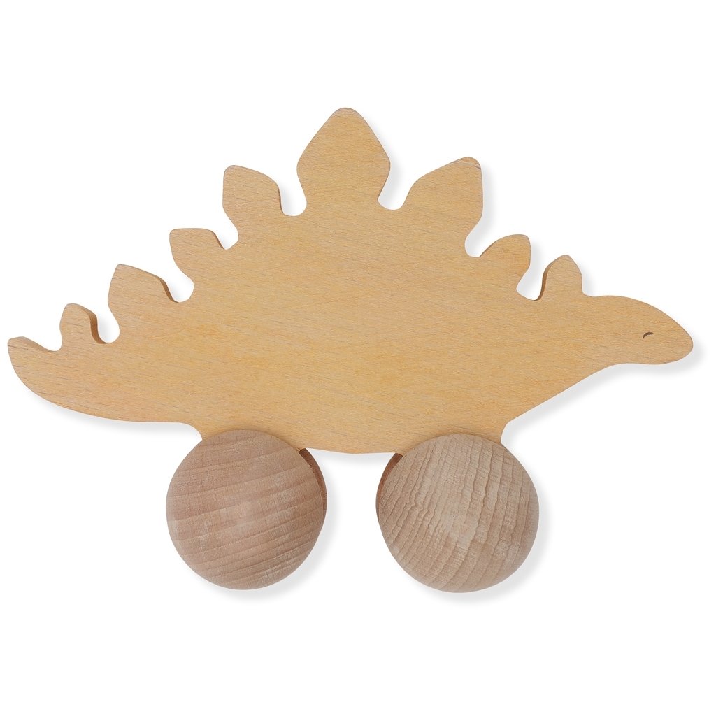 White background with Stegosaurus Rolling Dinosaur by Konges Slojd. Stegosaurus is made out of wood, with wood wheels.