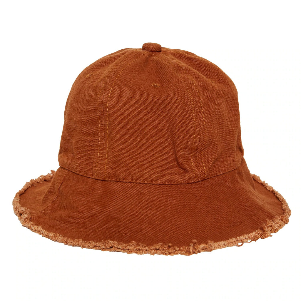 White background with Raw Edge Hat in Brown by Headster. Hat is a bucket hat with raw edge detail.