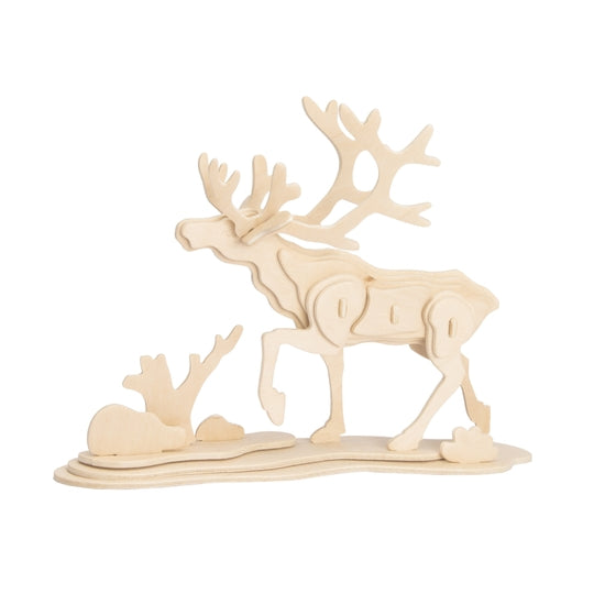 White background with a built 3D Wooden Puzzle of a Reindeer by Hands Craft.