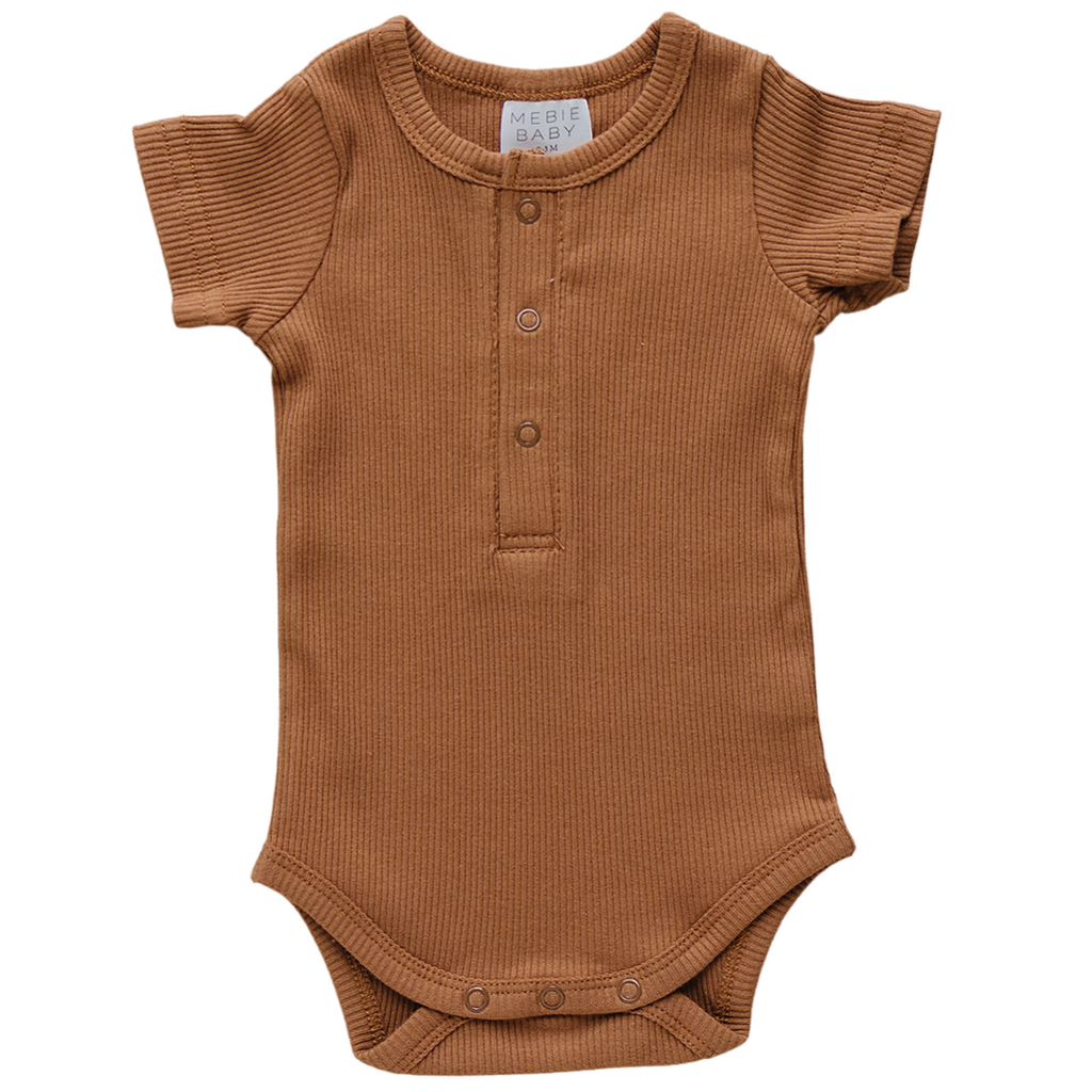 Rust bodysuit by Mebie Baby with a white background. 