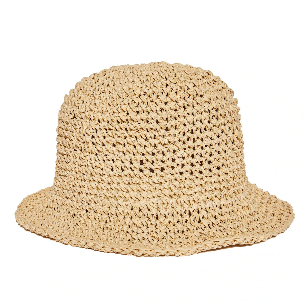 White background with Sisi Straw Hat by Headster. Hat is a bucket hat style.