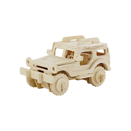 White background with a built 3D Wooden Puzzle of a SUV by Hands Craft.