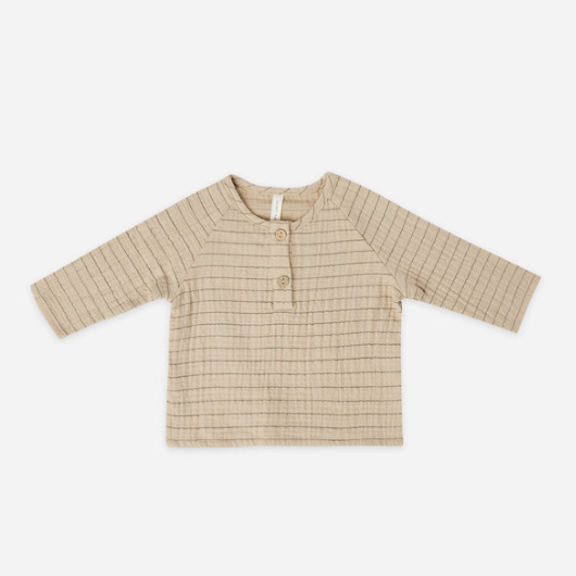 zion shirt | pinstripe by Quincy Mae flat lay of beige striped shirt on white background