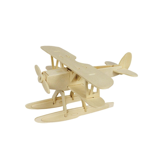 White background with a built 3D Wooden Puzzle of a Seaplane by Hands Craft.