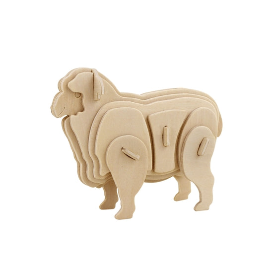 White background with a built 3D Wooden Puzzle of a Sheep by Hands Craft.