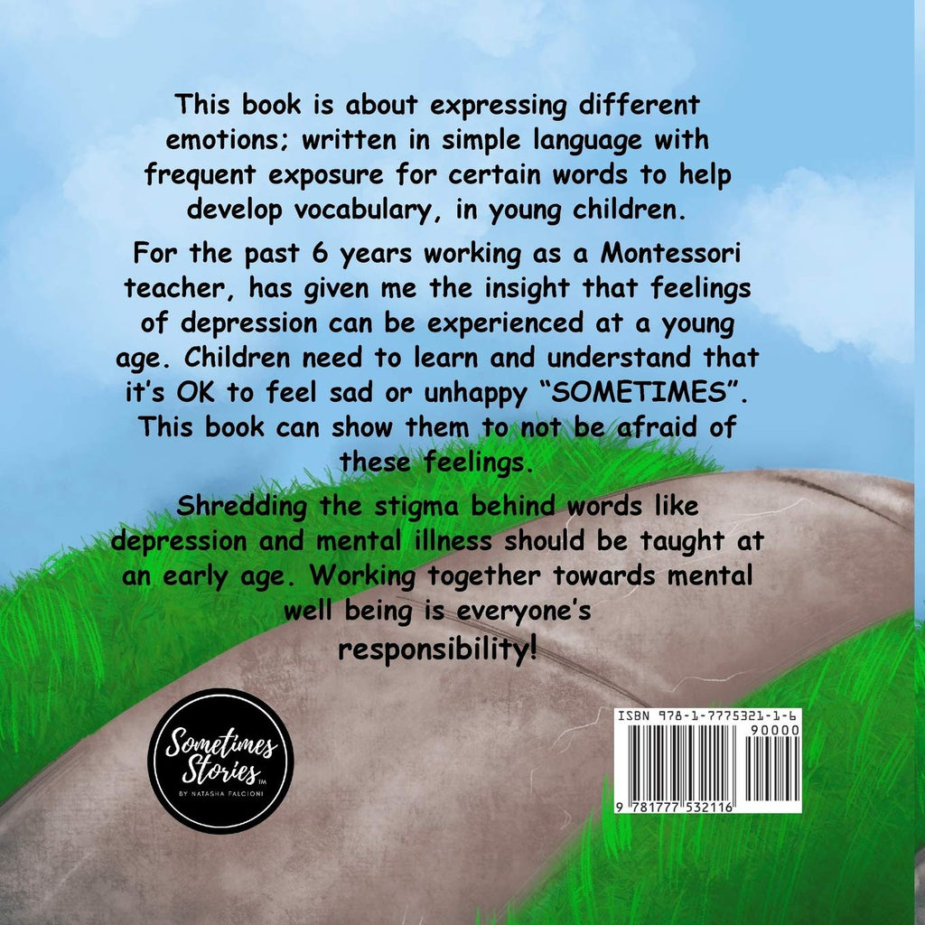 Back cover of the book Sometimes by Natasha Falcioni. Cover is a blue sky, with a sidewalk and green grass, with words explaining the meaning of the book.