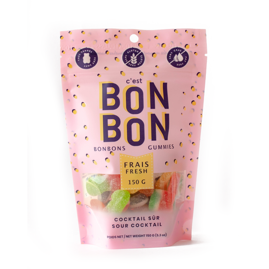 White background with light pink bag of C'est Bonbon Sour Cocktail gummies.