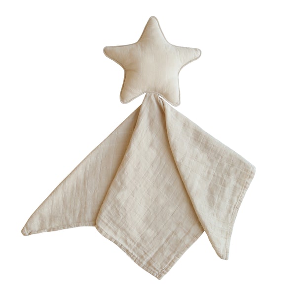 White background with Lovey in Star/Fog by Mushie. Lovey has a stuffed star with a muslin blanket attached, all in a beige/grey colour.