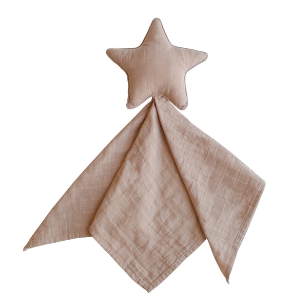White background with Lovey in Star/Natural by Mushie. Lovey has a stuffed star with a muslin blanket in a warm beige/brown colour.