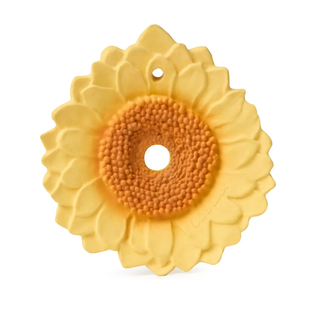 White background with Sun The Sunflower Teether by Oli & Carol. Shaped like a sunflower with a hole in the center.