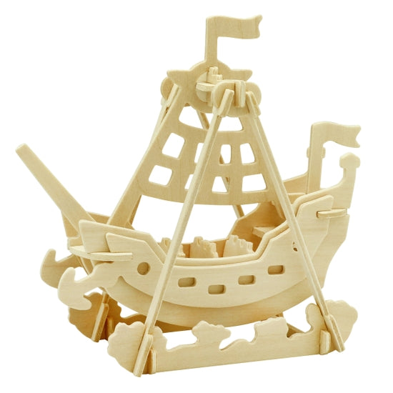 White background with a built 3D Wooden Puzzle of a Swing Boat by Hands Craft.